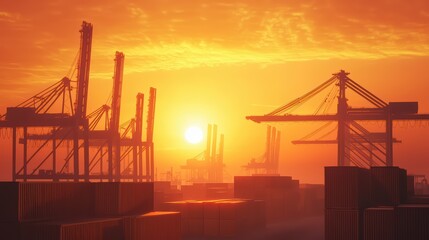 Fototapeta premium Cinematic View of Shipping Yard at Sunset with Glowing Horizon