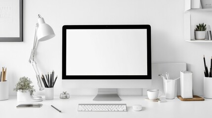 Fototapeta premium Clean Minimalist White Desk Workspace with Computer