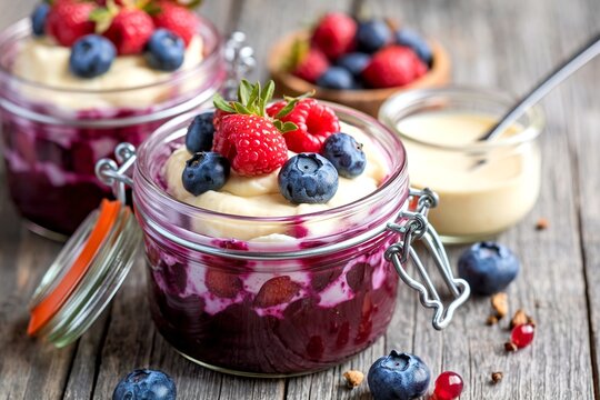 Colorful and delisious dessert in a jar berry cramble with vanilla sauce