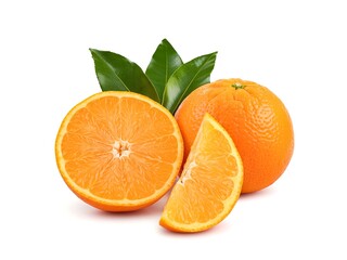 Orange fruit sliced with leaves isolated on white background