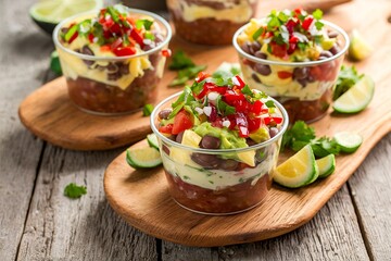Seven layer dip in individual cups, mexican appetizer with refried beans, salsa, guacamole