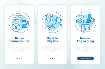 Nuclear sciences blue onboarding mobile app screen. Radiation. Walkthrough 3 steps editable graphic instructions with linear concepts. UI, UX, GUI template. Montserrat SemiBold, Regular fonts used