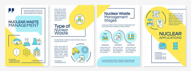 Nuclear waste management blue and yellow brochure template. Radioactive supplies utilization. Leaflet design with linear icons. Editable 4 vector layouts. Questrial, Lato-Regular fonts used