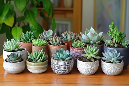 Diverse succulent collection in ceramic pots on wooden table indoor vibrant green plants home decoration