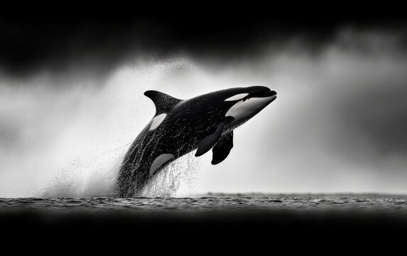 Majestic orca breaching the ocean surface against a dramatic stormy backdrop - Powered by Adobe