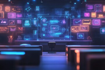 Fototapeta premium A futuristic digital classroom with an AI-powered learning interface, floating educational icons, and personalized courses.