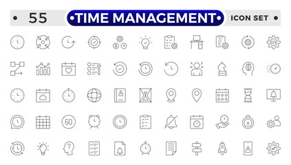Time management icon set. Timer, alarm, schedule, hourglass, clock icons. Outline time and clock icon collection.