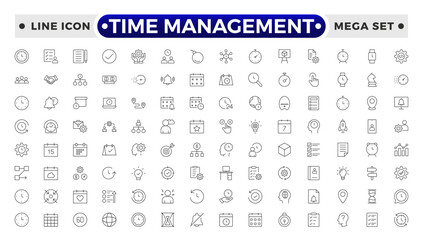 Time management icon set. Timer, alarm, schedule, hourglass, clock icons. Outline time and clock icon collection.