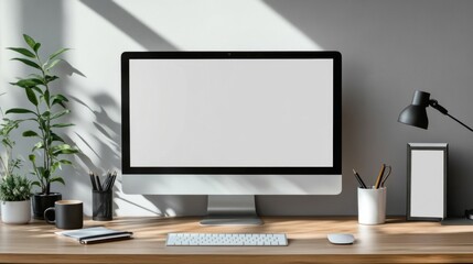 Modern Minimalist Workspace with Blank Computer Screen