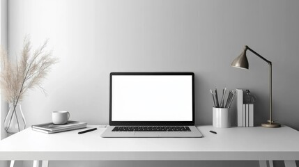 White Minimalist Home Office Workspace with Laptop