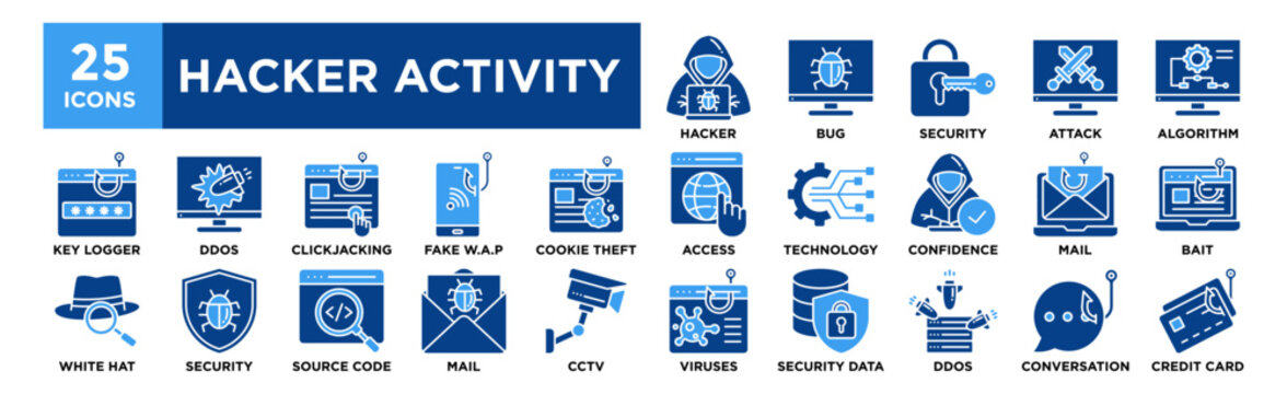 Hacker Activity icon collection set. Containing design Hacker, Bug, Security, Attack, Algorithm