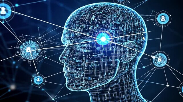 Futuristic digital human head with a circuit-like pattern and interconnected glowing blue network.