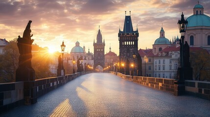 Obraz premium the historic Charles Bridge in Prague, Czech Republic, glowing under the early morning sun