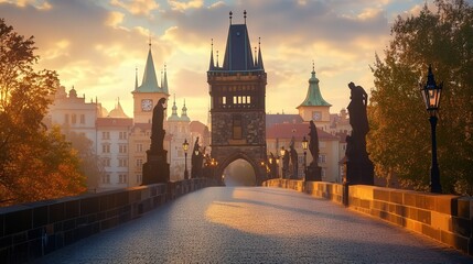 Obraz premium the historic Charles Bridge in Prague, Czech Republic, glowing under the early morning sun