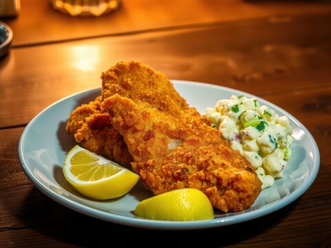 Fried Fish with Potato Salad and Lemon