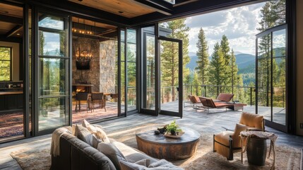 Fototapeta premium A spacious, contemporary mountain home with large glass doors opening to a balcony overlooking a panoramic forest view.