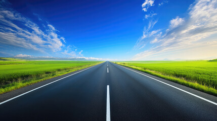 Fototapeta premium Wide road into distance, flanked by green fields and blue sky. High-definition, horizontal composition. Serene beauty.