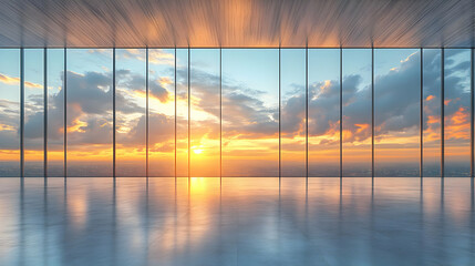 Fototapeta premium Panoramic Sunset View From Modern Skyscraper Interior