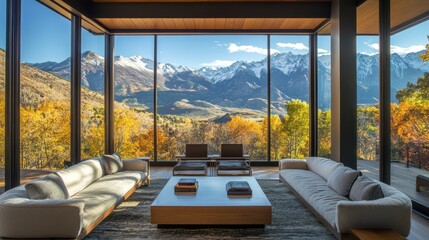 A spacious mountain retreat with floor-to-ceiling windows, offering panoramic views of lush valleys and snow-capped peaks.