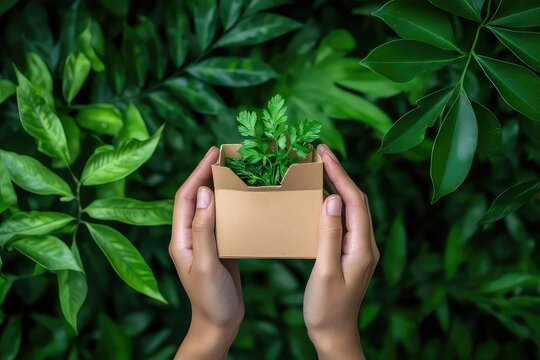 A conceptual image of hands holding biodegradable food packaging, with green plants in the background representing sustainability.