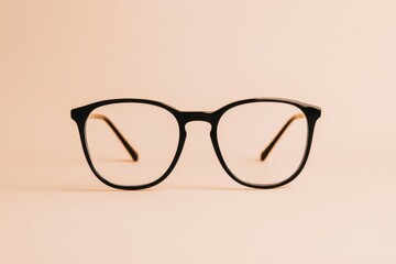 A pair of black eyeglasses resting on a peach colored surface