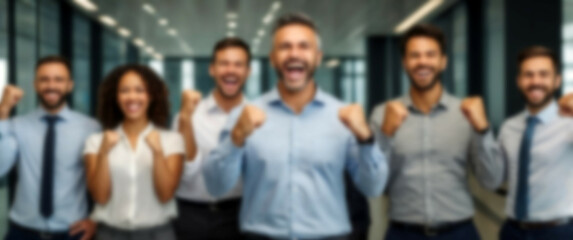 Blurred background highlighting an animated crowd of business experts applauding a strategic victory
