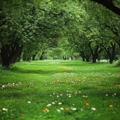 Obraz premium Serene Meadow Vista with Lush Green Trees and Vibrant Wildflowers in a Tranquil Natural Setting, Capturing the Essence of Springtime with a Soft, Dreamy Atmosphere