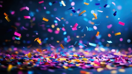 Festive celebration with vibrant confetti falling against a dark blue background creating a joyful atmosphere and capturing a sense of fun and excitement