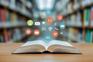 A conceptual modern education banner showing an open book with floating icons of email, chat, and social media platforms.
