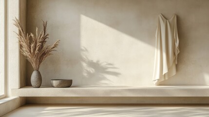 Minimalist Beige Interior with Sunlight and Dried Flowers