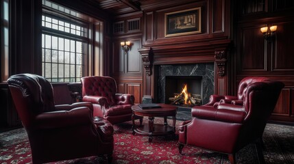 Cozy and Elegant Living Room with Leather Chairs and Fireplace