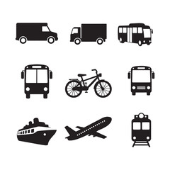 transportation vehicles  icon set silhouette vector car bus train airplane transport  design illustrations