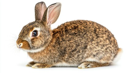 Fototapeta premium Adorable brown rabbit resting on a white background in a studio setting close up shot with natural light
