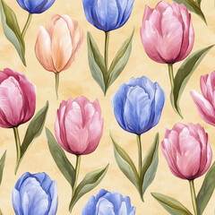 Obraz premium Floral pattern showing pink and blue tulips with green leaves on textured cream background