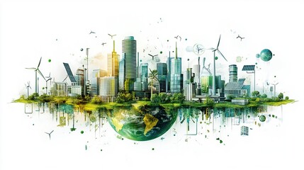 Obraz premium green music background,Global Green Energy Concept: Earth Globe Surrounded by Wind Turbines and Solar Panels, Modern Cityscape Background, Watercolor-Style Vector Illustration on White