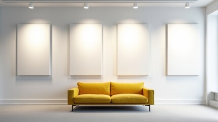 A modern art gallery interior with a minimalist design featuring large, blank, framed canvases on the walls, arranged in a row. The room is well-lit with a yellow fabric sofa and carpeted floor.