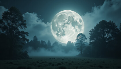 Eerie full moon illuminating misty alien forest, otherworldly atmosphere