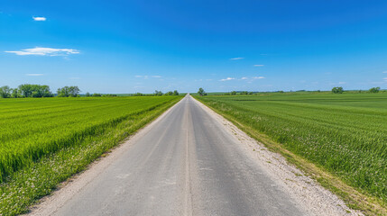 Fototapeta premium Wide road into distance, flanked by green fields and blue sky. High-definition, horizontal composition. Serene beauty.