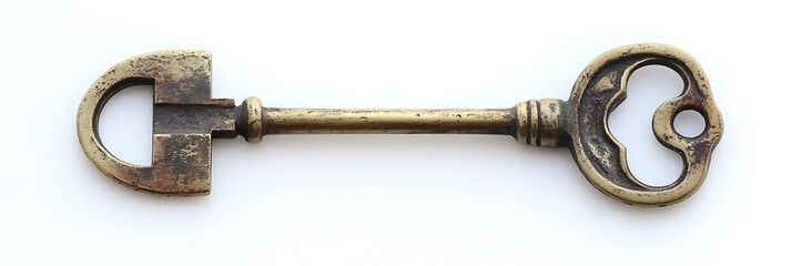 Rustic brass skeleton key with worn details, precisely centered on white