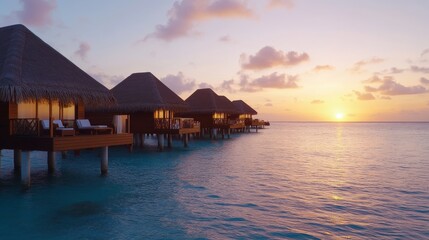 Obraz premium Sunset over overwater bungalows in Maldives