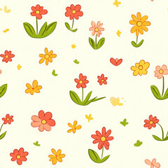 Fototapeta premium Flower pattern. Floral garden meadow. Springtime backdrop on creamy surface. Decorative illustration