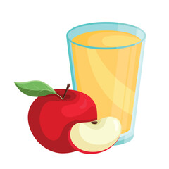 Vector illustration of apple juice in a glass with a red apple and an apple slice
