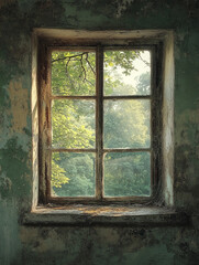 Fototapeta premium Nature peeking through a weathered window frame
