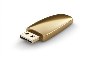 Gold USB flash drive on white background, data storage