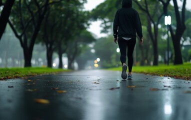 A person walking alone on a rainy path in a misty park, surrounded by trees and soft lights