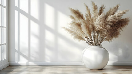 Naklejka premium White Vase With Pampas Grass In Modern Minimalist Interior