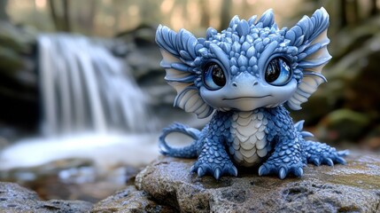Adorable blue dragon figurine by waterfall