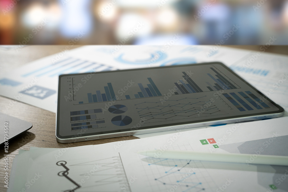 Poster a tablet displaying graphs analyzing sales data and growth graph and charts alongside printed report