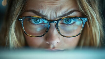 Fototapeta premium Businesswoman, laptop screen glowing, stressed expression, late hours