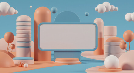 A futuristic and minimalistic 3D cityscape in a monochrome pastel blue, orange and pink aesthetic. 